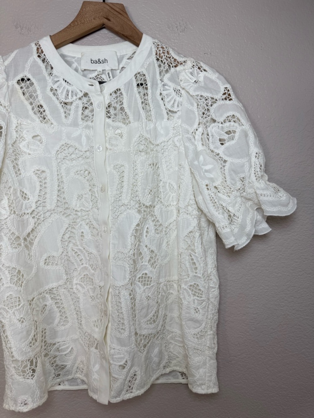 BA&SH Irkin Guipure Lace White Short Sleeve Button Down Blouse Small $230 - Picture 12 of 16